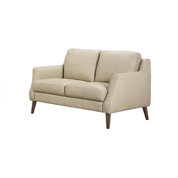 SOFA ESTACIONARIO DE DOS ASIENTOS CON FRENTE DE PIEL CREMA Y PATAS MARRONES