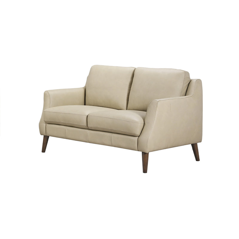 SOFA ESTACIONARIO DE DOS ASIENTOS CON FRENTE DE PIEL CREMA Y PATAS MARRONES