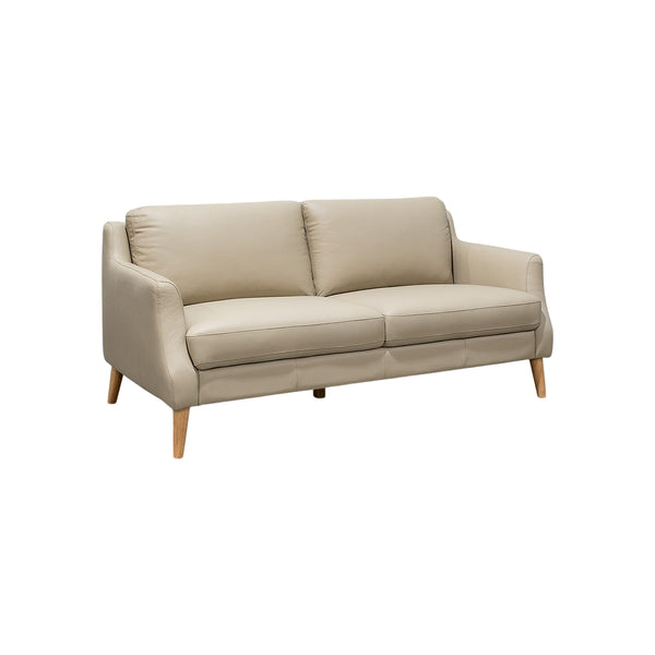 SOFA ESTACIONARIO DE TRES ASIENTOS CON FRENTE DE PIEL CREMA Y PATAS MARRONES