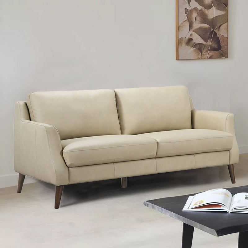 SOFA ESTACIONARIO DE DOS ASIENTOS CON FRENTE DE PIEL CREMA Y PATAS MARRONES