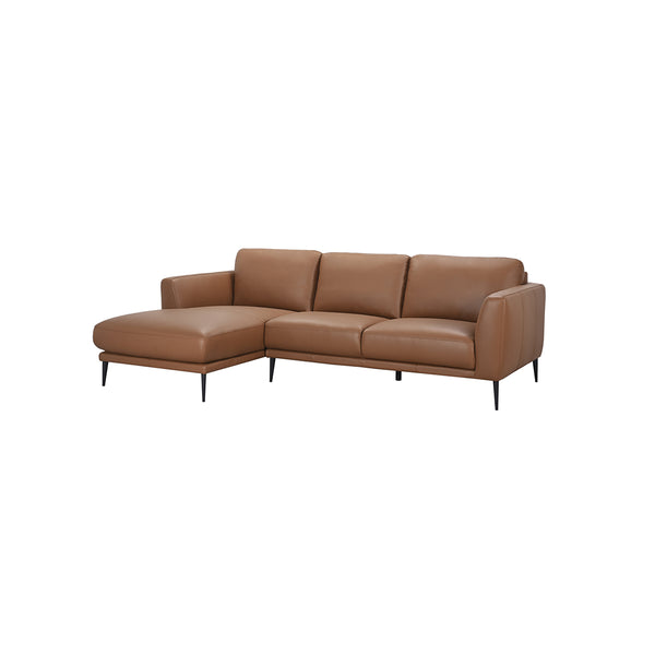 SOFA SECCIONAL ESTACIONARIO EN PIEL SINTETICA CAMEL Y PATAS NEGRAS
