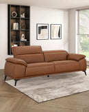 SOFA ESTACIONARIO DE TRES ASIENTOS ESTILO PIEL MARRON Y PATAS NEGRAS