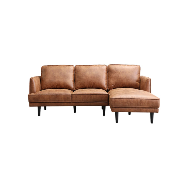 SOFA SECCIONAL ESTACIONARIO CON FRENTE DE PIEL MARRON Y PATAS NEGRAS
