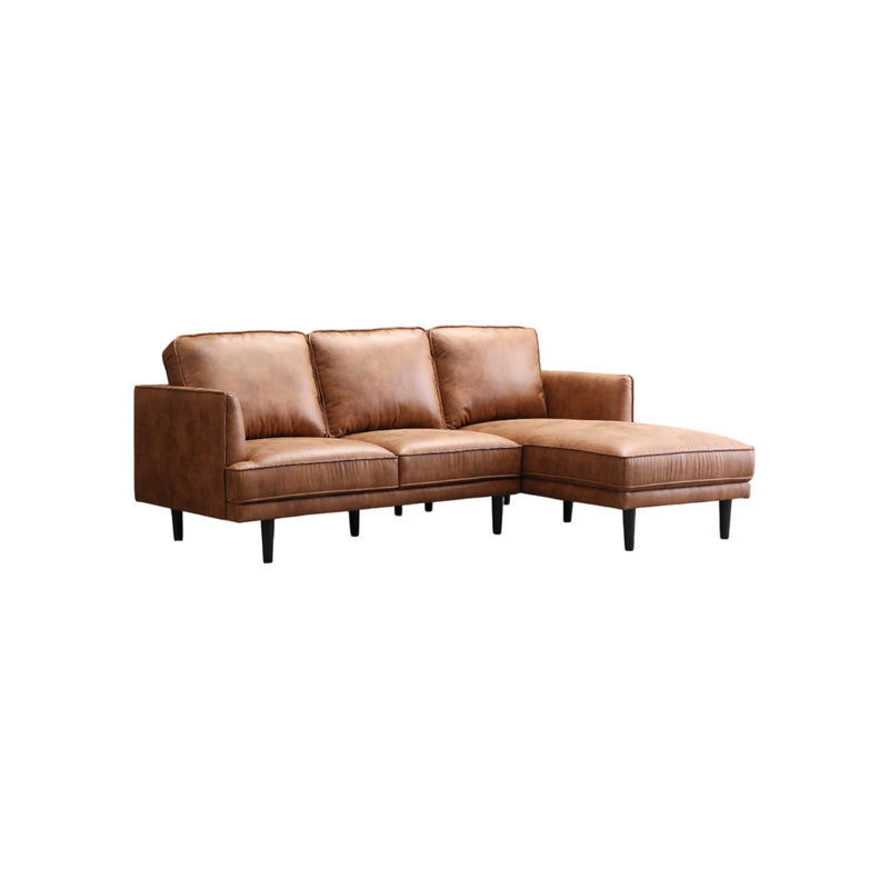 SOFA SECCIONAL ESTACIONARIO CON FRENTE DE PIEL MARRON Y PATAS NEGRAS