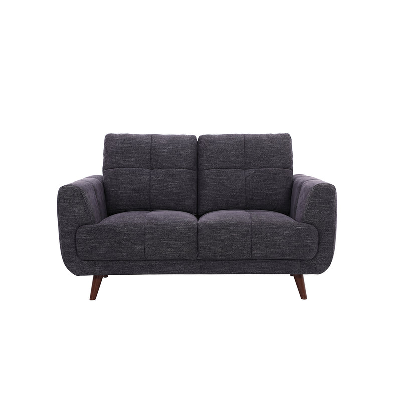SOFA ESTACIONARIO DE DOS ASIENTOS EN TELA GRIS AZULADO Y PATAS MARRONES