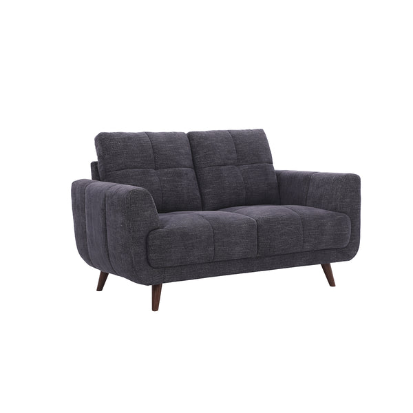SOFA ESTACIONARIO DE DOS ASIENTOS EN TELA GRIS AZULADO Y PATAS MARRONES