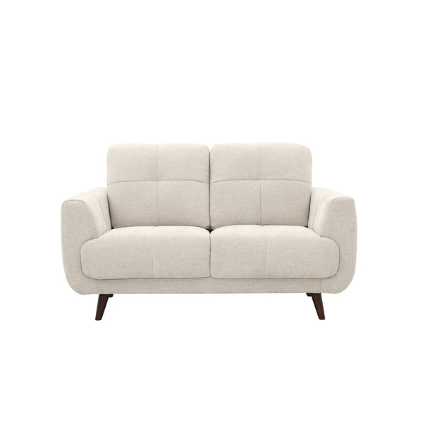 SOFA ESTACIONARIO DE TRES ASIENTOS EN TELA BEIGE  Y PATAS MARRONES