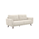 SOFA ESTACIONARIO DE TRES ASIENTOS EN TELA BEIGE Y PATAS MARRONES