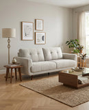 SOFA ESTACIONARIO DE TRES ASIENTOS EN TELA BEIGE Y PATAS MARRONES