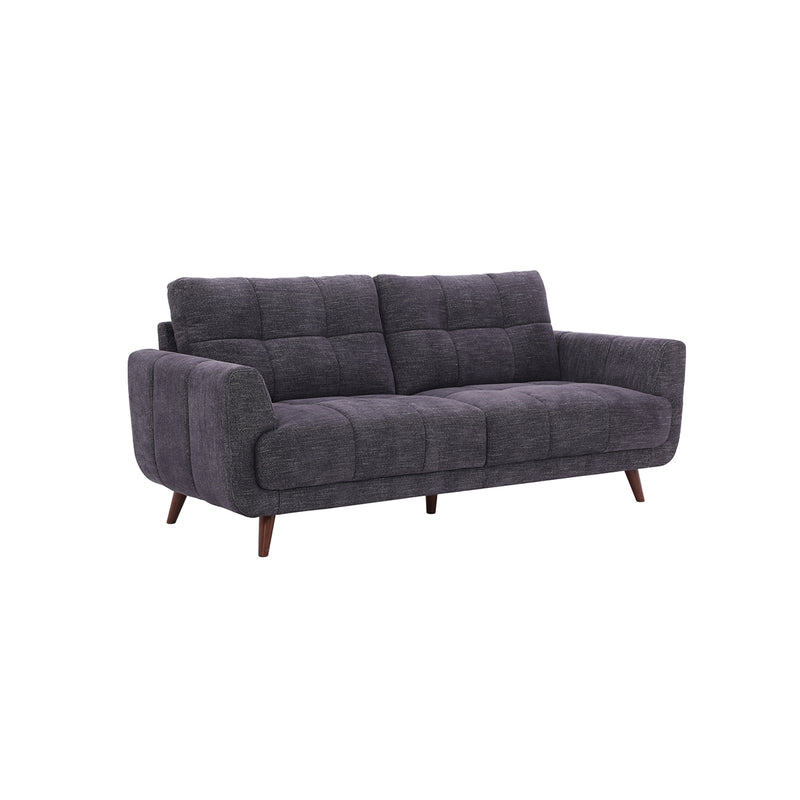 SOFA ESTACIONARIO DE TRES ASIENTOS EN TELA GRIS AZULADO Y PATAS MARRONES