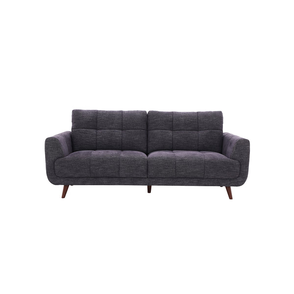 SOFA ESTACIONARIO DE TRES ASIENTOS EN TELA GRIS AZULADO Y PATAS MARRONES