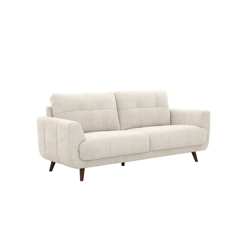 SOFA ESTACIONARIO DE TRES ASIENTOS EN TELA BEIGE  Y PATAS MARRONES