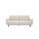 SOFA ESTACIONARIO DE TRES ASIENTOS EN TELA BEIGE  Y PATAS MARRONES