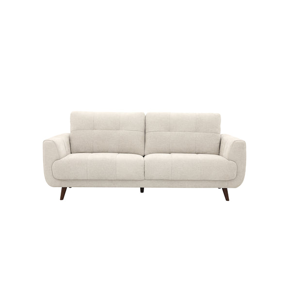 SOFA ESTACIONARIO DE TRES ASIENTOS EN TELA BEIGE  Y PATAS MARRONES