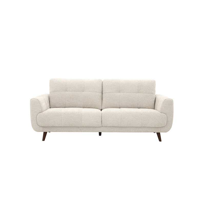 SOFA ESTACIONARIO DE TRES ASIENTOS EN TELA BEIGE  Y PATAS MARRONES