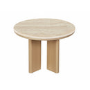 MESA DE CENTRO TOPE ESTILO CERAMICA Y BASE ACABADO DE MADERA NATURAL