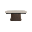 MESA DE COMEDOR EXTENSIBLE EN METAL CON TOPE ESTILO PIEDRA Y BASE ACABADO DE MADERA