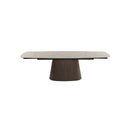 MESA DE COMEDOR EXTENSIBLE EN METAL CON TOPE ESTILO PIEDRA Y BASE ACABADO DE MADERA