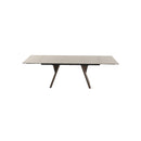 MESA DE COMEDOR EXTENSIBLE EN METAL CON TOPE ESTILO PIEDRA Y BASE ACABADO DE MADERA