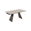 MESA DE COMEDOR EXTENSIBLE EN METAL CON TOPE ESTILO PIEDRA Y BASE ACABADO DE MADERA