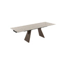 MESA DE COMEDOR EXTENSIBLE EN METAL CON TOPE ESTILO PIEDRA Y BASE ACABADO DE MADERA