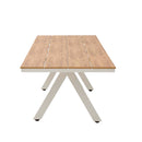 MESA DE COMEDOR DE EXTERIOR TOPE ACABADO DE MADERA Y PATAS BLANCAS