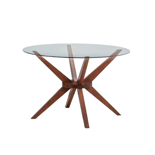 MESA DE COMEDOR REDONDA EN TOPE DE CRISTAL Y BASE EN ACABADO DE MADERA