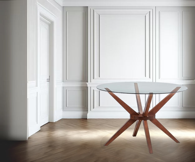 MESA DE COMEDOR REDONDA EN TOPE DE CRISTAL Y BASE EN ACABADO DE MADERA