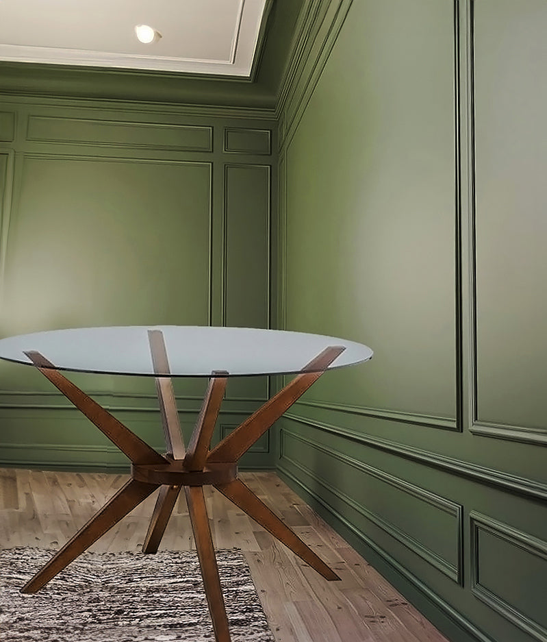 MESA DE COMEDOR REDONDA EN TOPE DE CRISTAL Y BASE EN ACABADO DE MADERA