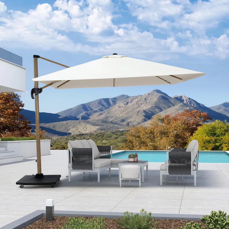 SOMBRILLA ROMANA COLGANTE DE 3X3M, COLOR BEIGE, CON MARCO DE MADERA Y BASE