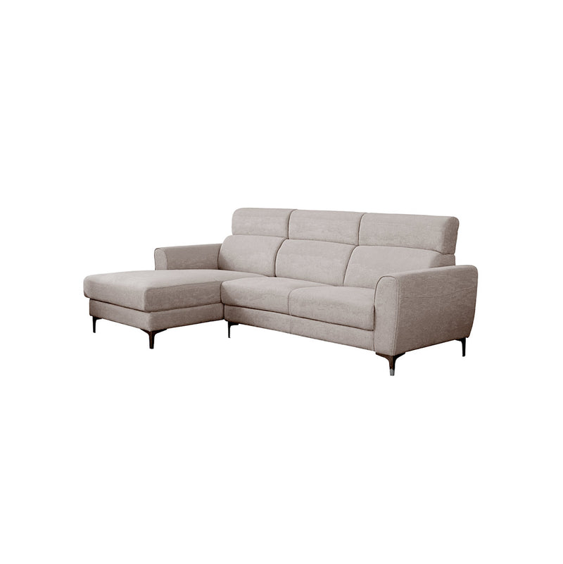 SOFA SECCIONAL ESTACIONARIO IZQUIERDO EN TELA BEIGE CHOCOLATE Y PATAS PLATEADAS