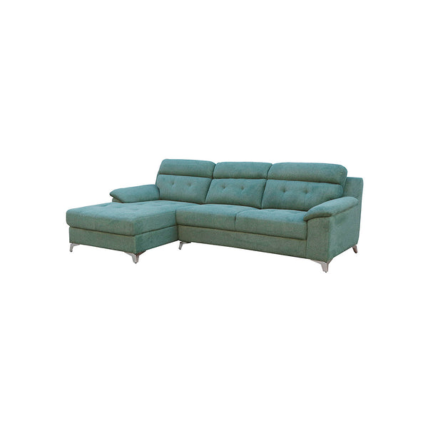 SOFA SECCIONAL ESTACIONARIO IZQUIERDO EN TELA VERDE Y PATAS PLATEADAS