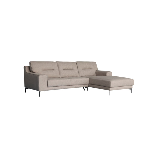 SOFA SECCIONAL ESTACIONARIO EN TELA BEIGE TAUPE Y PATAS NEGRAS