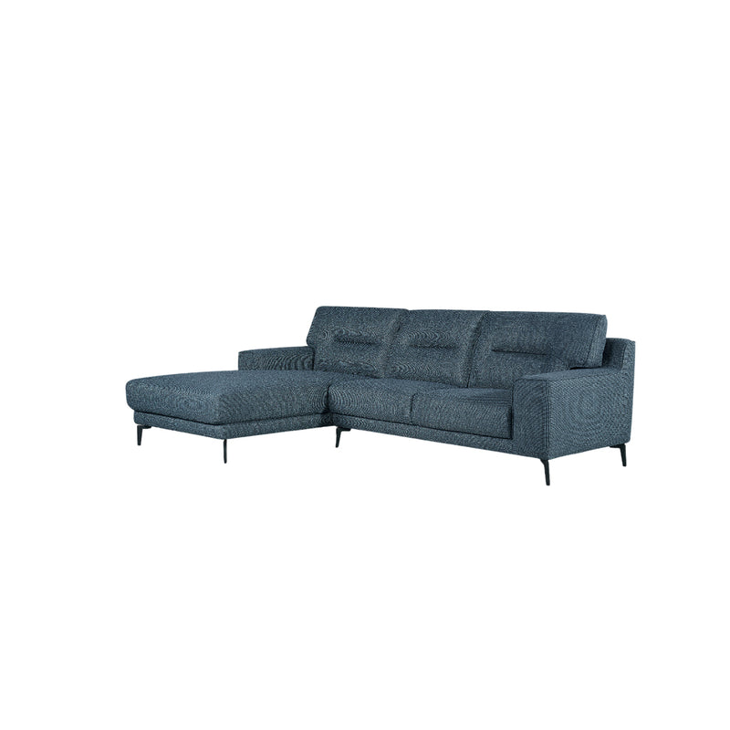 SOFA SECCIONAL ESTACIONARIO EN TELA AZUL Y PATAS NEGRAS