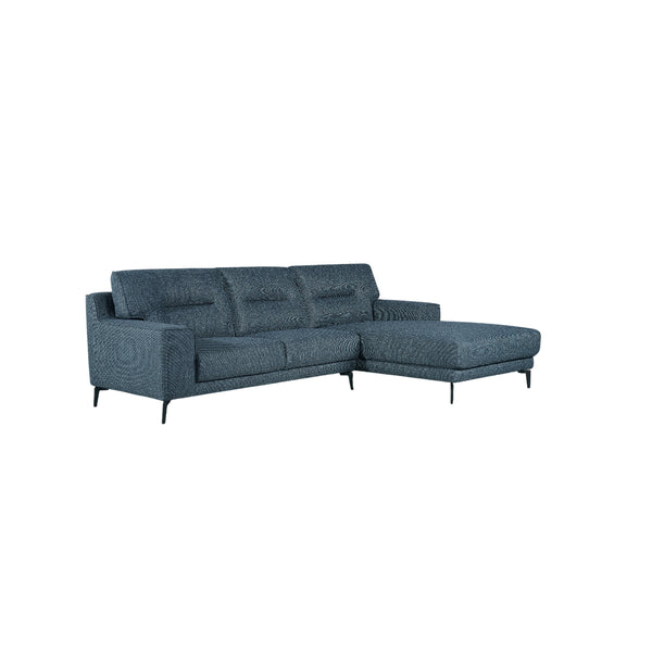 SOFA SECCIONAL ESTACIONARIO EN TELA AZUL Y PATAS NEGRAS