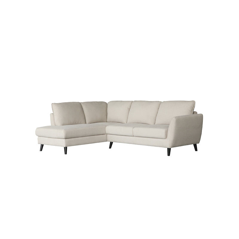 SOFA SECCIONAL ESTACIONARIO EN TELA BEIGE Y PATAS NEGRAS