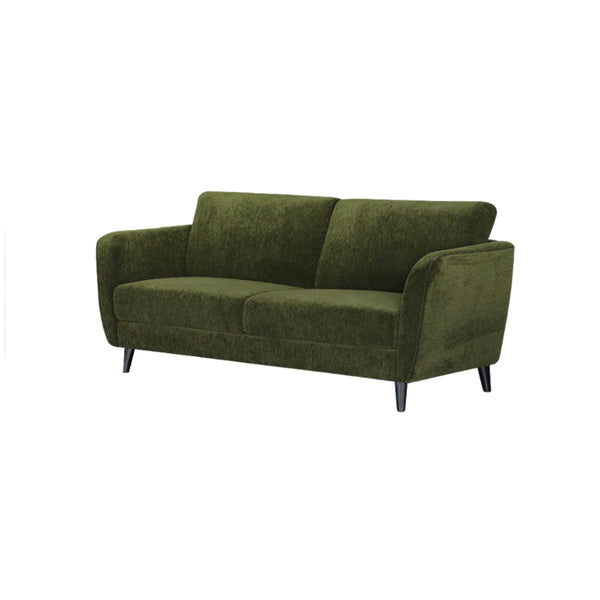SOFA ESTACIONARIO DE TRES ASIENTOS EN TELA VERDE Y PATAS NEGRAS