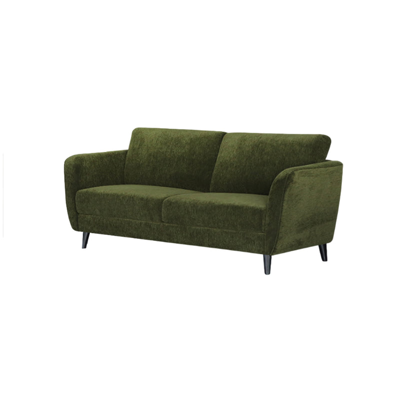 SOFA ESTACIONARIO DE TRES ASIENTOS EN TELA VERDE Y PATAS NEGRAS