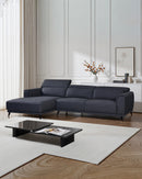 SOFA SECCIONAL ESTACIONARIO EN TELA AZUL Y PATAS NEGRAS