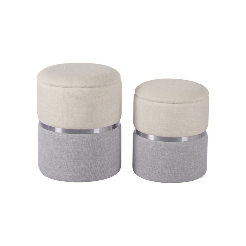 OTOMAN EN TELA CREMA CON GRIS Y ANILLO PLATEADO S/2