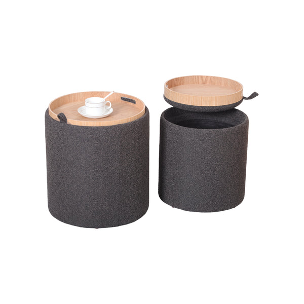 OTOMAN EN TELA GRIS OSCURO Y TAPA ACABADO DE MADERA CLARA