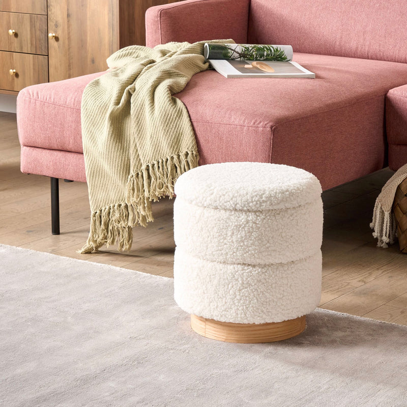 OTOMAN CON ALMACENAMIENTO EN TELA BLANCA Y ACABADO DE MADERA
