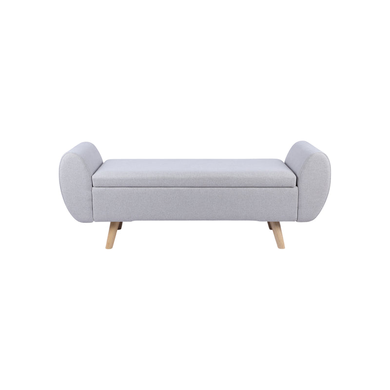 BANCO CON ALMACENAMIENTO EN TELA GRIS Y PATAS ACABADO DE MADERA NATURAL