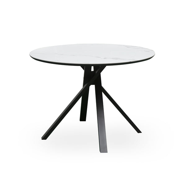 MESA DE COMEDOR CON TOPE REDONDO EN CERAMICA BLANCA  Y PATAS NEGRAS