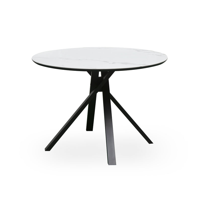 MESA DE COMEDOR CON TOPE REDONDO EN CERAMICA BLANCA  Y PATAS NEGRAS