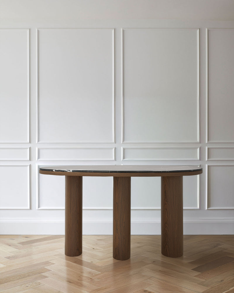 CONSOLA TOPE ESTILO MARMOL NEGRO Y BASE ACABADO DE MADERA