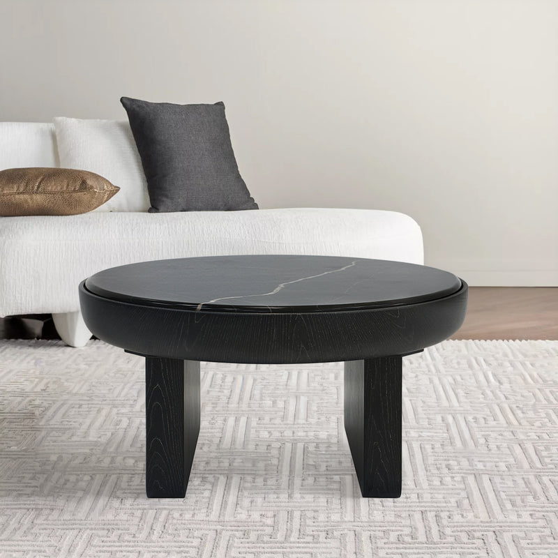 MESA DE CENTRO TOPE ESTILO MARMOL Y  ACABADO DE MADERA NEGRA