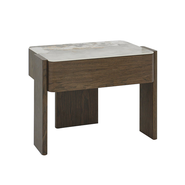 MESA DE NOCHE CON TOPE ESTILO MARMOL EN ACABADO MADERA