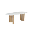 MESA DE COMEDOR TOPE DE MARMOL ARTIFICIAL Y BASE ACABADO DE MADERA