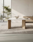 MESA DE COMEDOR TOPE DE MARMOL ARTIFICIAL Y BASE ACABADO DE MADERA